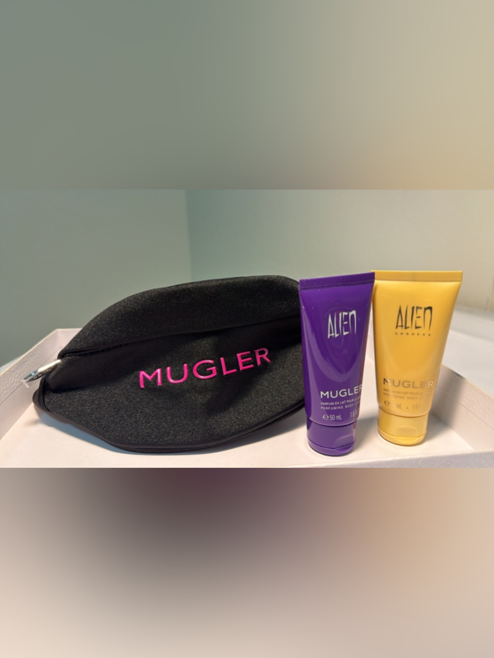 New Mugler Black Belt Bag with Pink Logo Embroidery and 2 travel size items